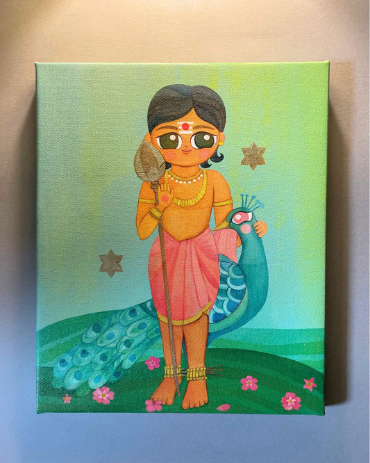 Murugan with his Peacock | 10'' x 12'' stretched canvas with hand painted details