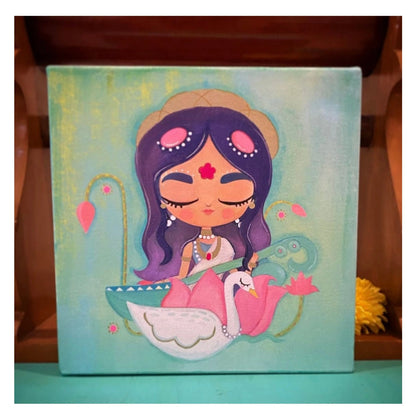 Saraswati with Her Swan | Stretched Canvas Print with Hand-Painted Details | 8'' x 8''
