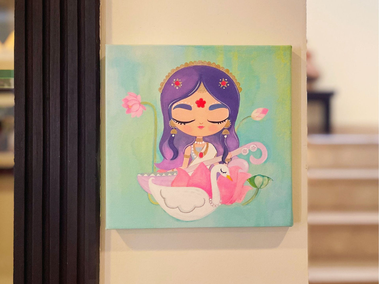 Saraswati with Her Swan | Stretched Canvas Print with Hand-Painted Details | 8'' x 8''