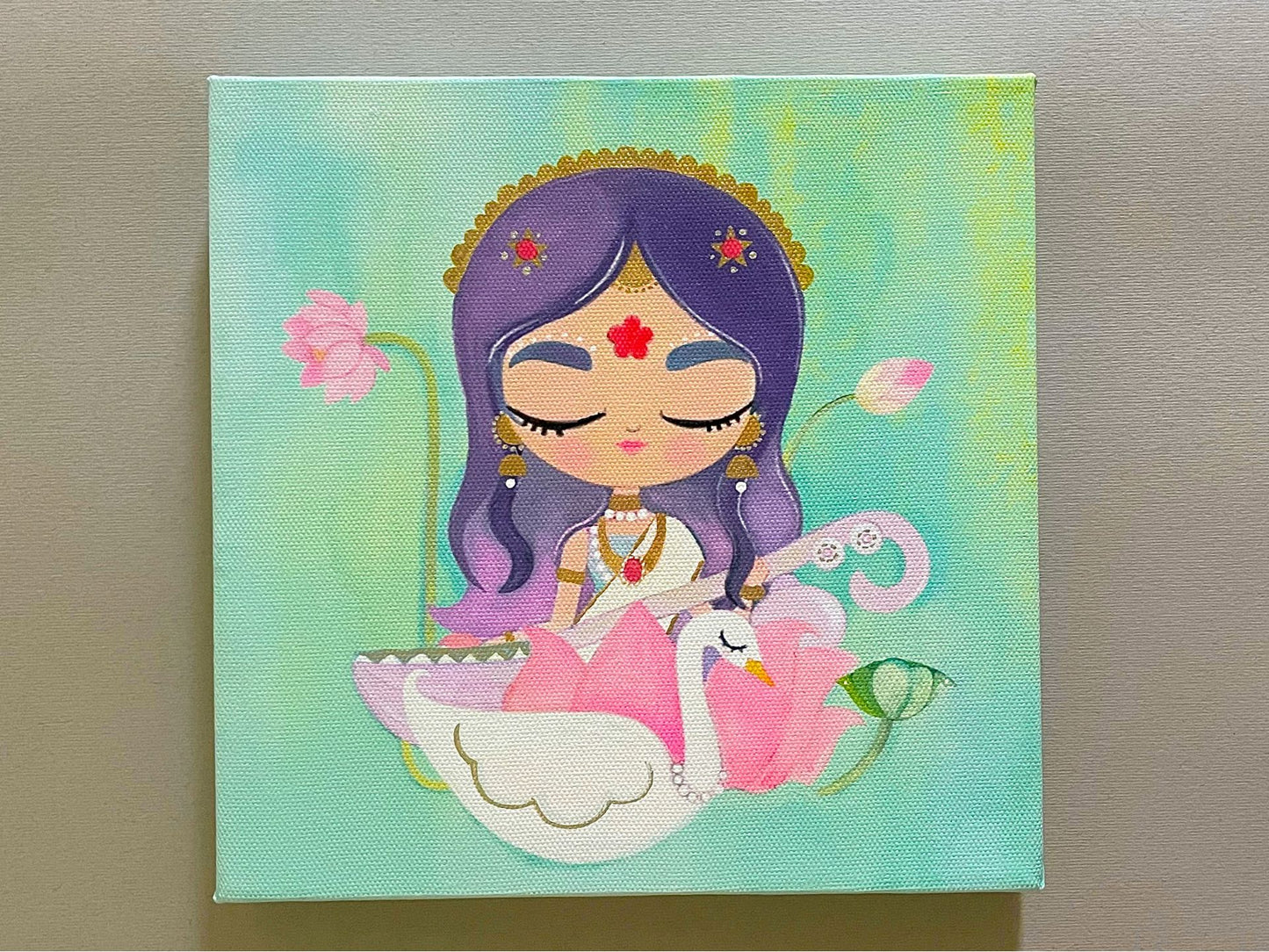 Saraswati with Her Swan | Stretched Canvas Print with Hand-Painted Details | 8'' x 8''