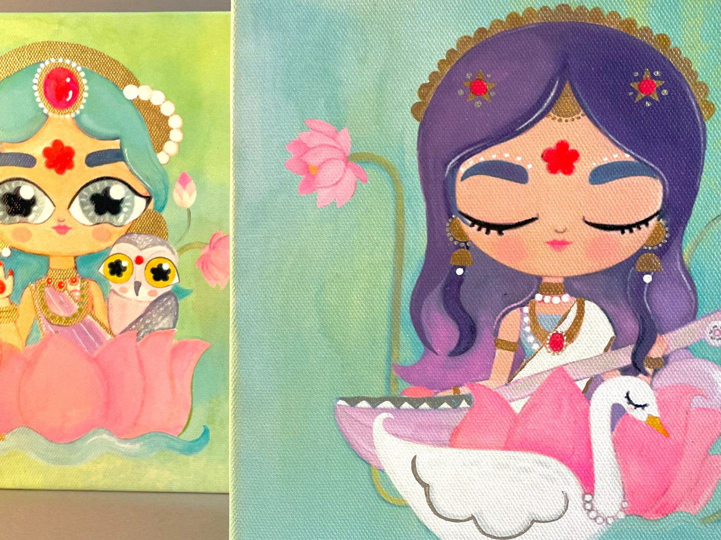Saraswati with Her Swan | Stretched Canvas Print with Hand-Painted Details | 8'' x 8''