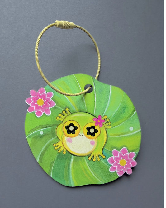 Frog on a Lilypad- Birchwood Luggage Tag with Metal Clasp