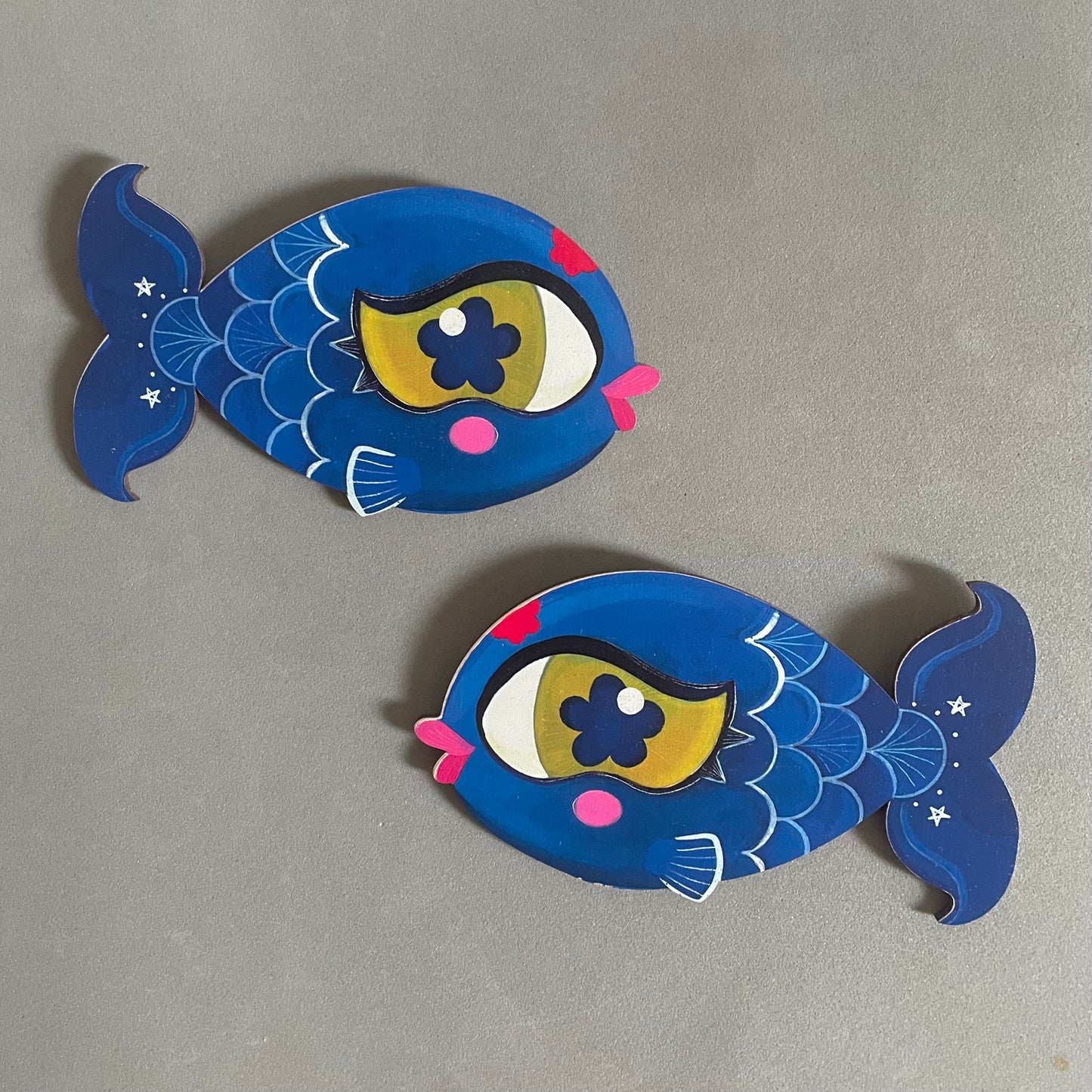 Indigo Fishes- Set of 2 Birchwood Mini Wall Plaques