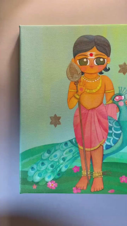 Murugan with his Peacock | 10'' x 12'' stretched canvas with hand painted details